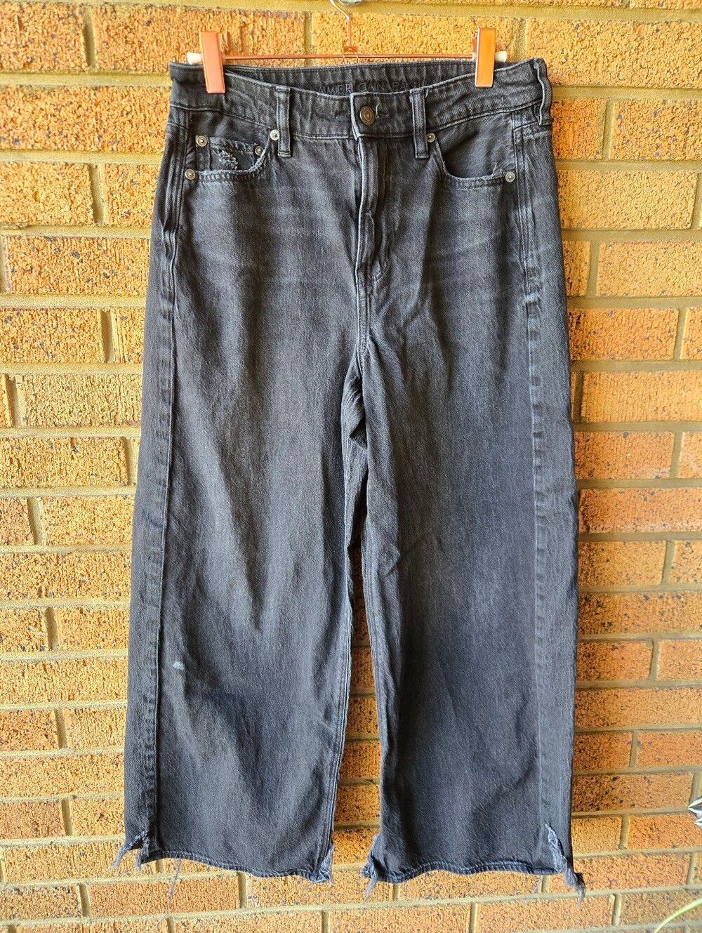 American Eagle High Rise Baggy Wide Leg Ankle Jeans Washed Black Distressed Size